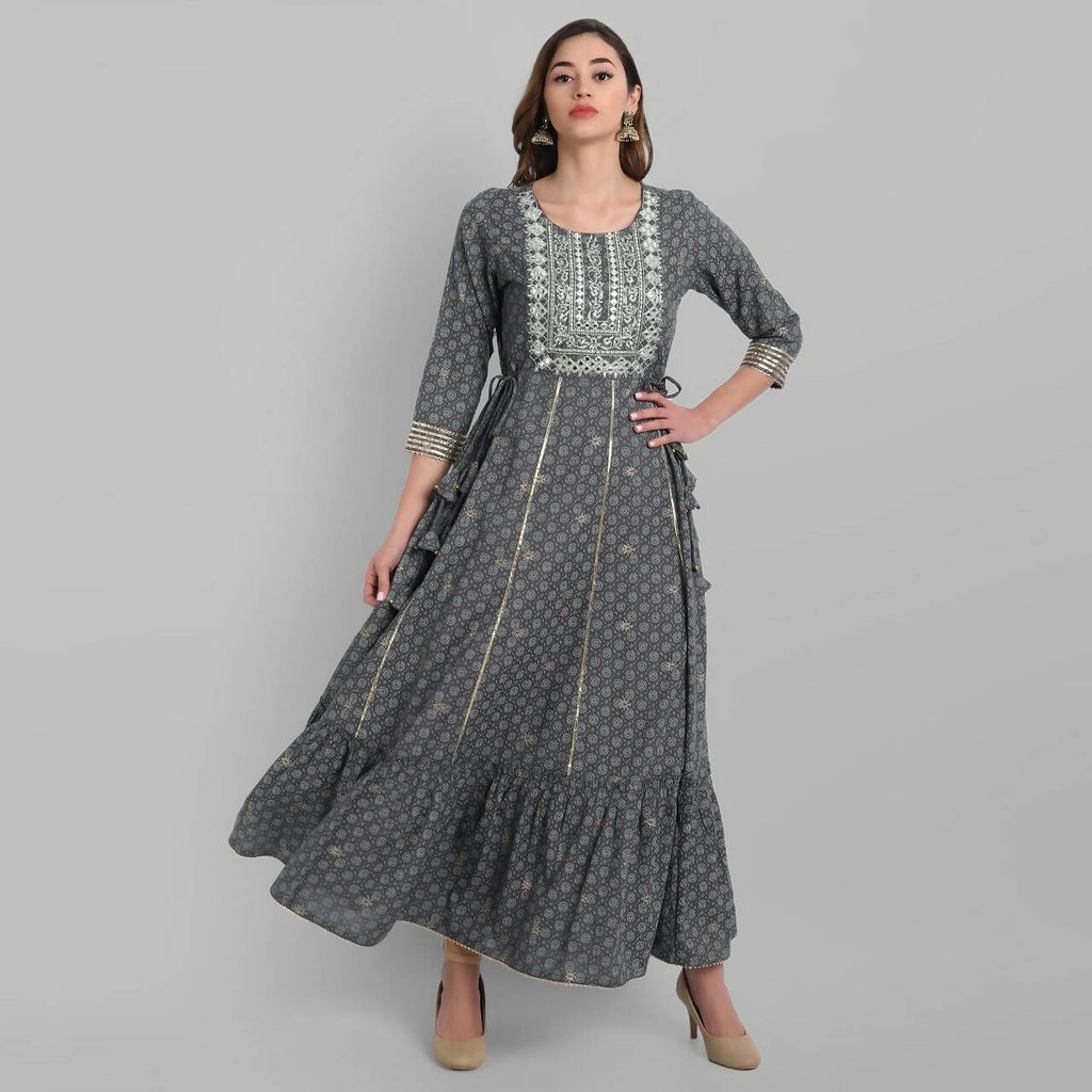 Juniper Grey Rayon Festive Wear Embroidered Tiered Long Dress