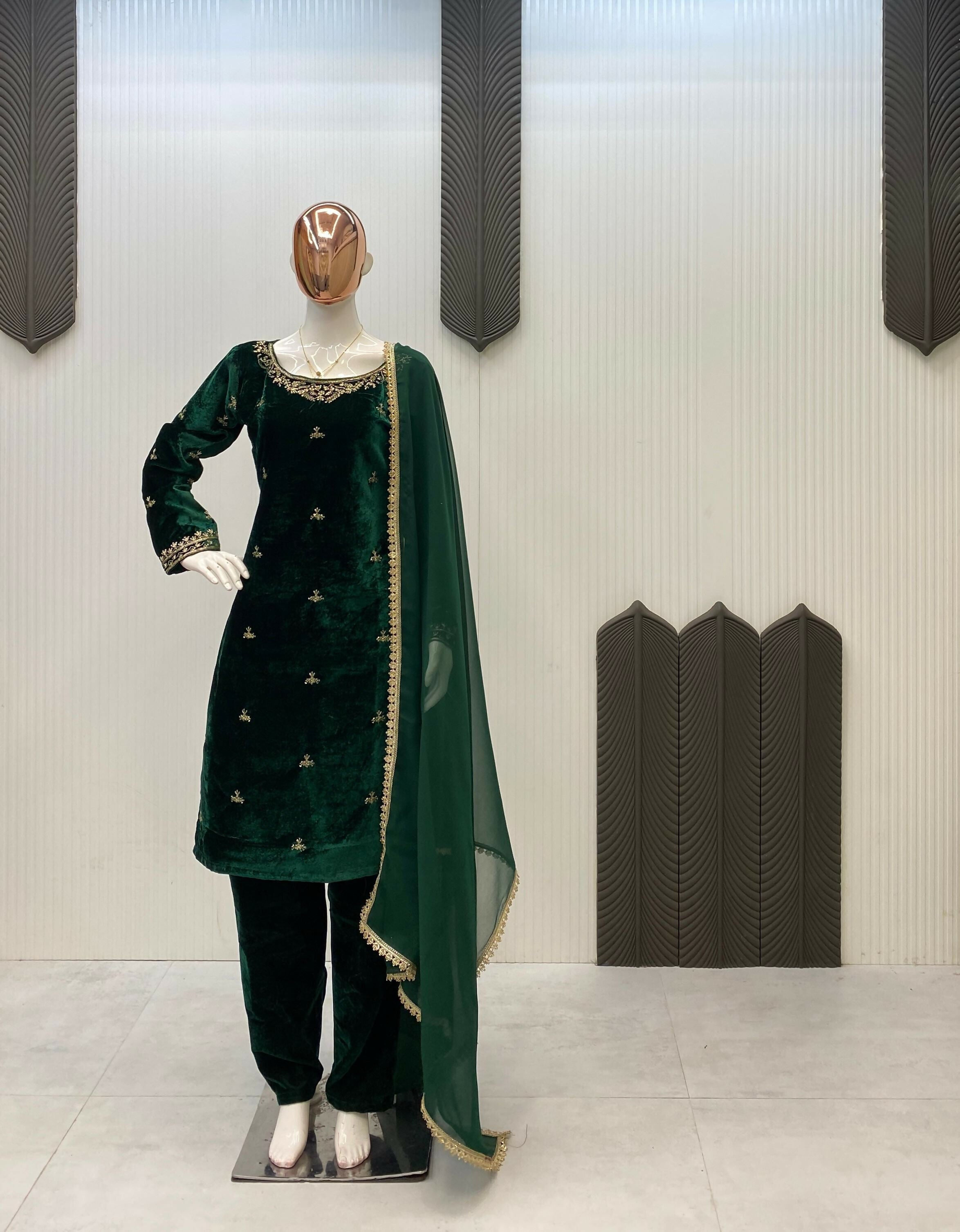 Vastranavya Green Velvet Sequence Embroidery Work Kurta & Bottom With Dupatta