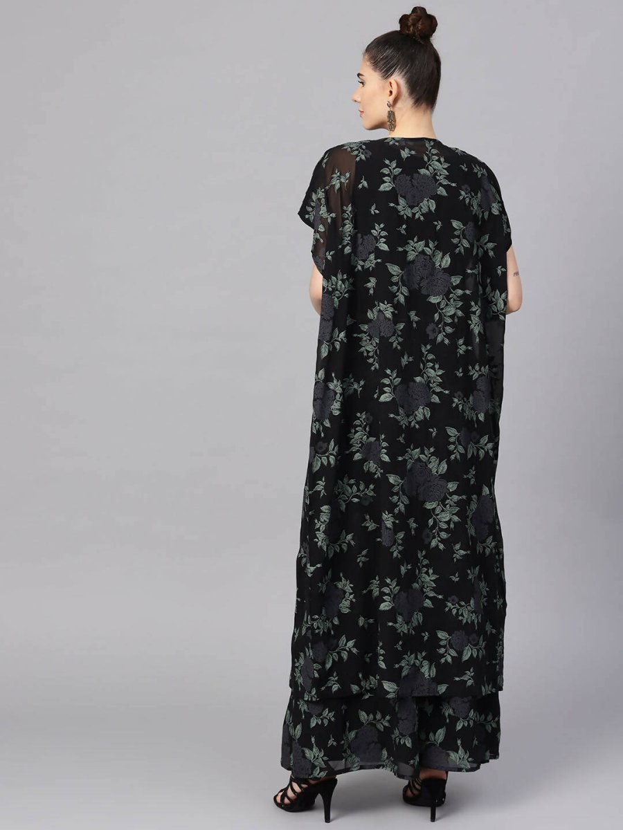 Ahalyaa Black Georgette Crepe Printed Top Palazzo Set With Jacket