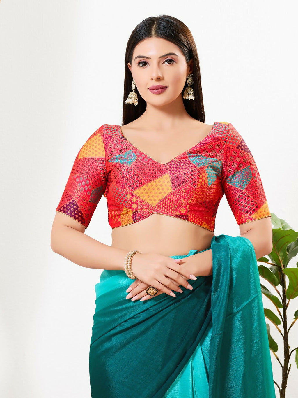 Joban Fashion Red Brocade Padded Blouse With V Neck Elbow Sleeves