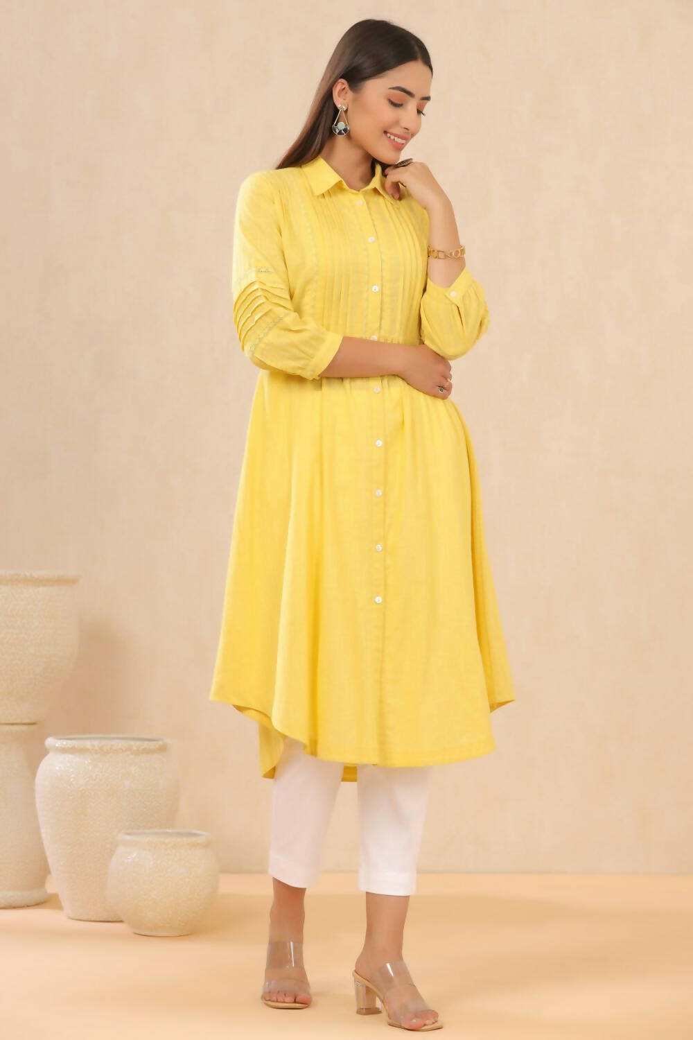 Juniper Womens Blush Yellow Cotton Slub Solid Mid Length Shirt Dress With Lace Detailing
