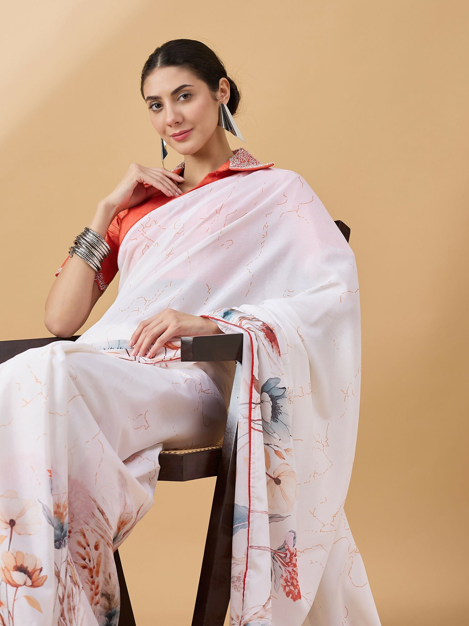 White Chiffon Floral Printed Saree with Stitched Blouse - Dharavi