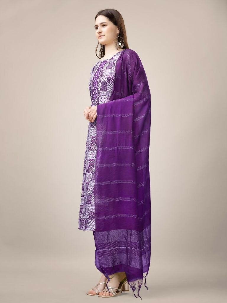 Jyoti Fashion Women's Purple Rayon Print with Embroidery & Fancy Lace Work Kurta with Trouser & Dupatta