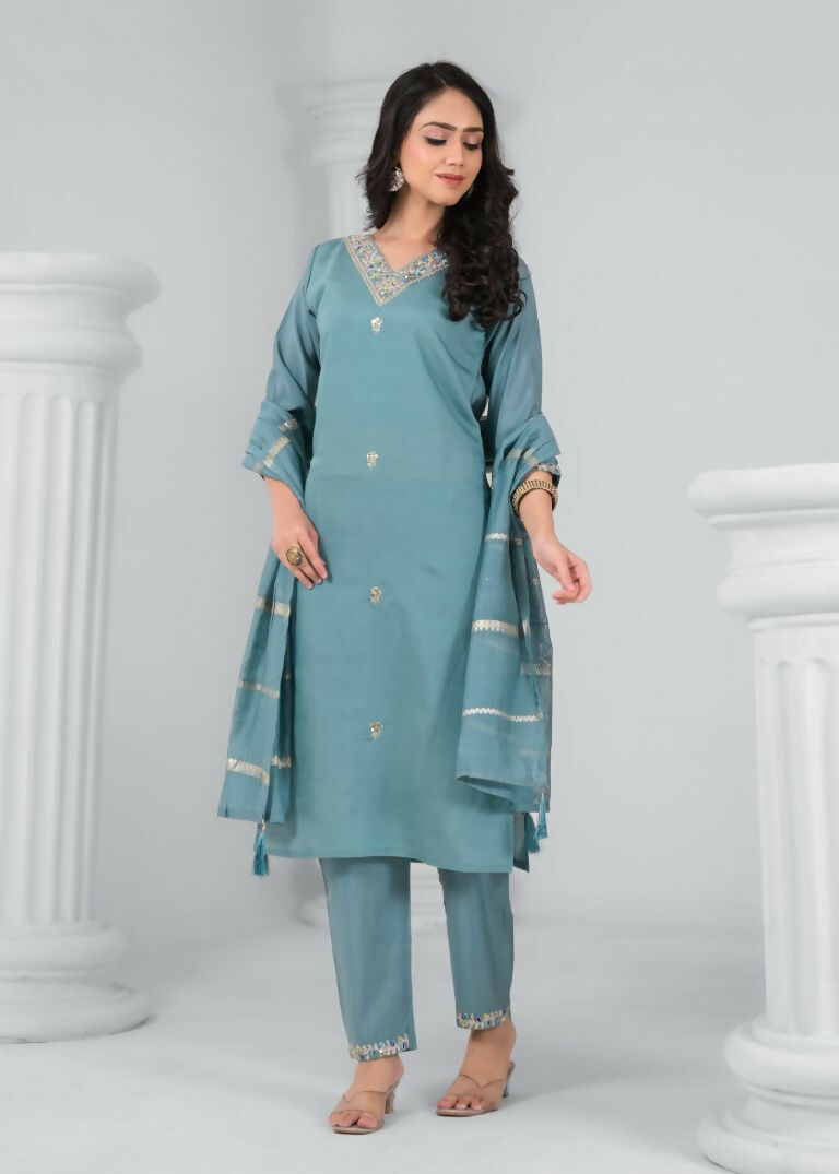 Ethnic Festive Wear Chanderi Tile Stitched Suit With Dupatta - Tanisha