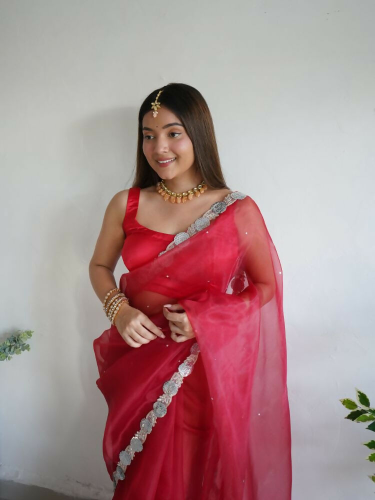 Vamsee Vanshika Red Organza Saree