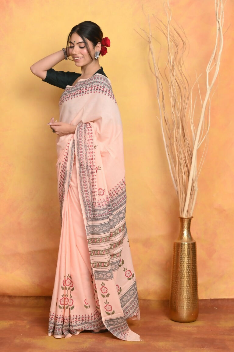Very Much Indian Handblock Printed Cotton Saree With Natural Dyes - Peach
