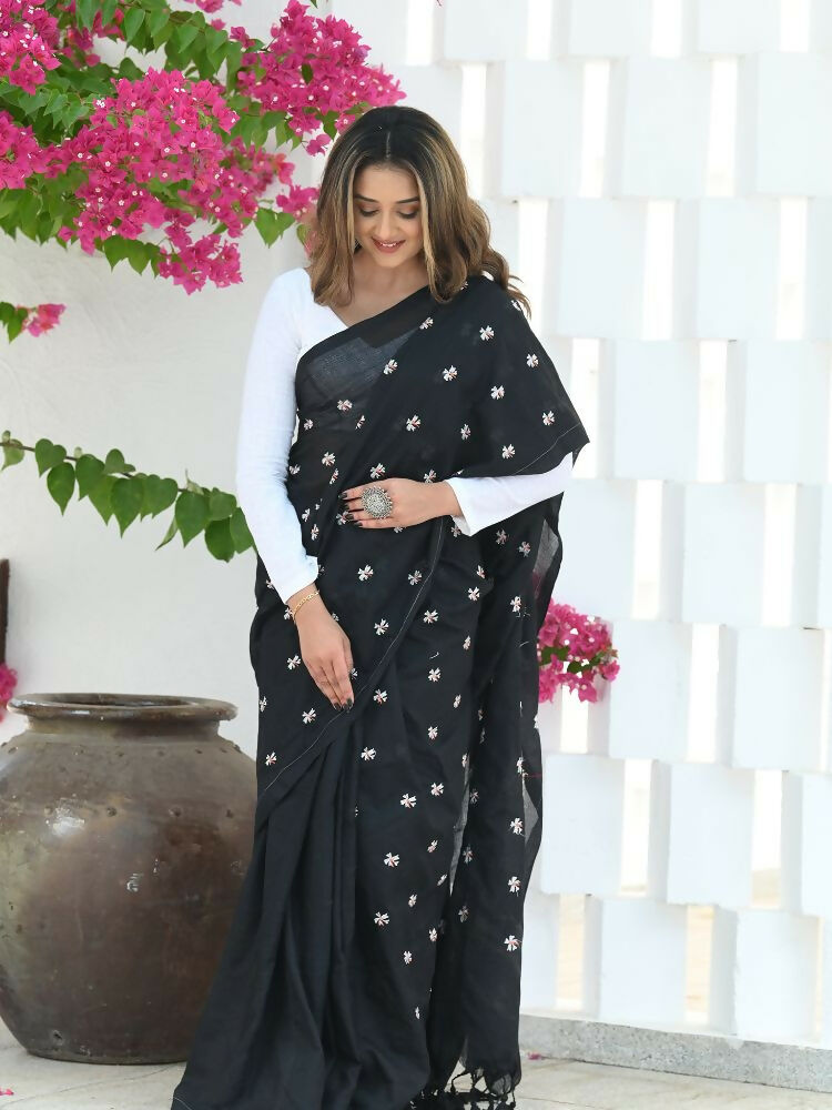 Beatitude Black Khadi Floral Embroidered Saree