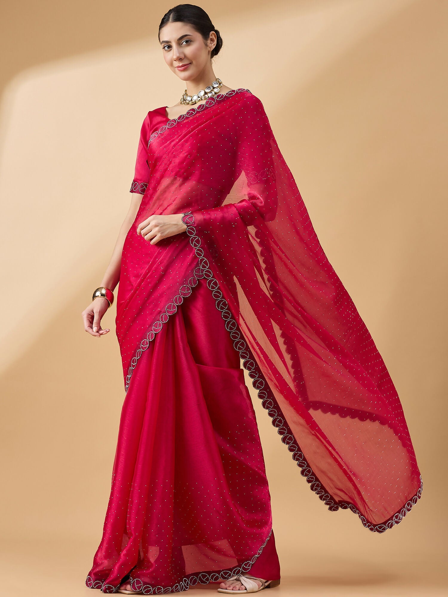 Pink Organza Swaroski Diamond Work Saree with Unstitched Blouse - Radha