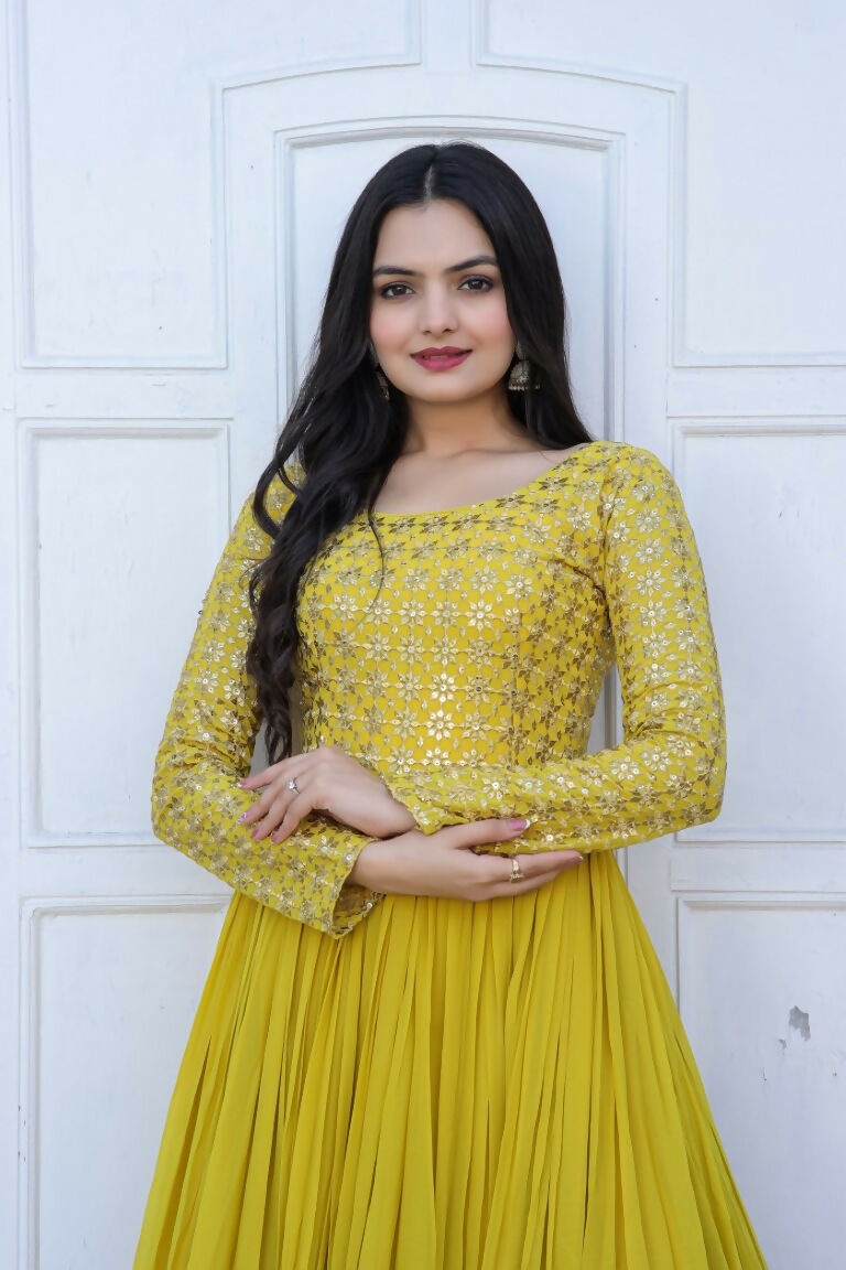 Jyoti Fashion Women's Yellow Sequence Zari Embroidered Faux Blooming Anarkali Dress