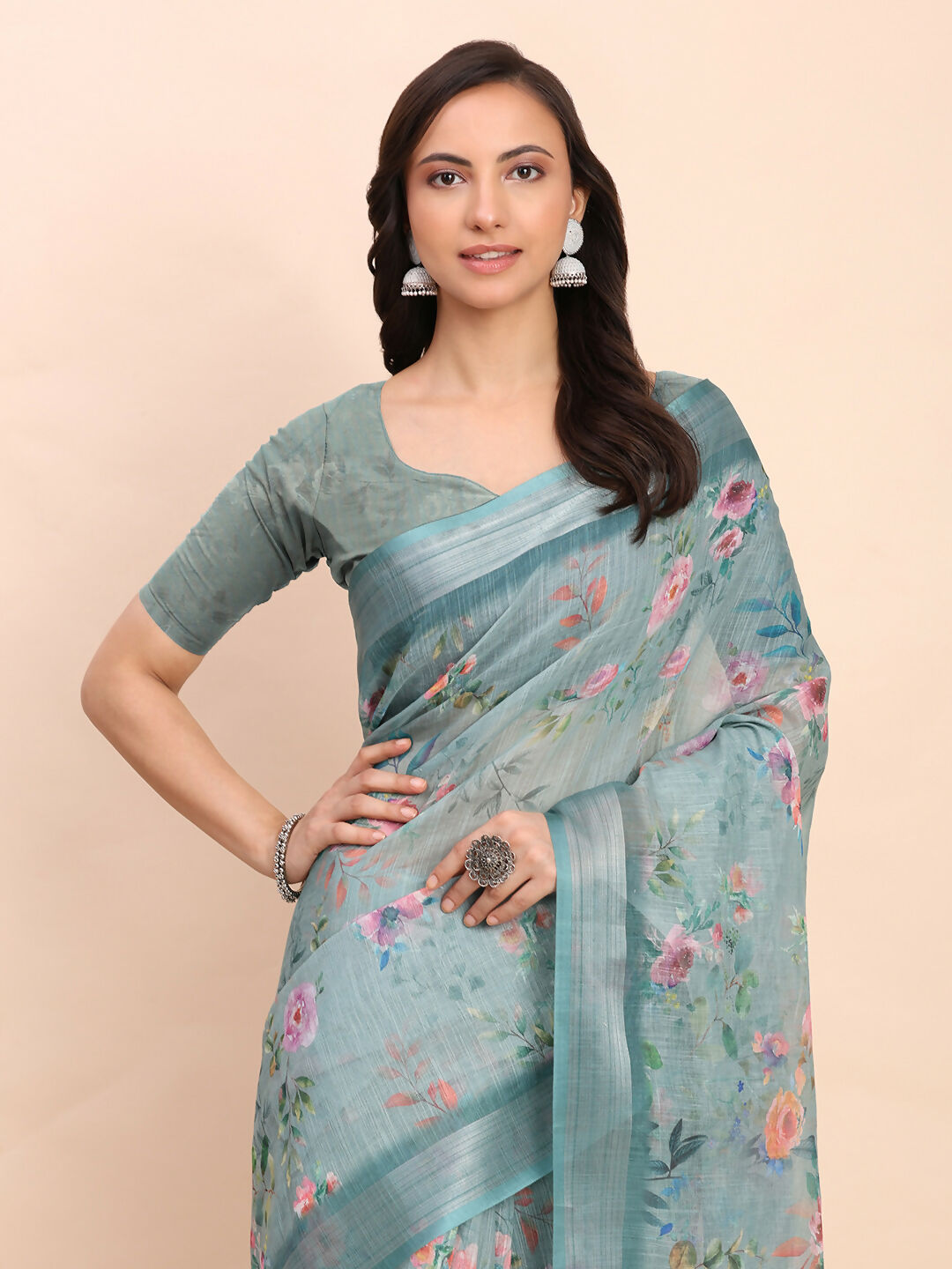 Shree Shyam Fashion Linen Cotton Sea Green Saree