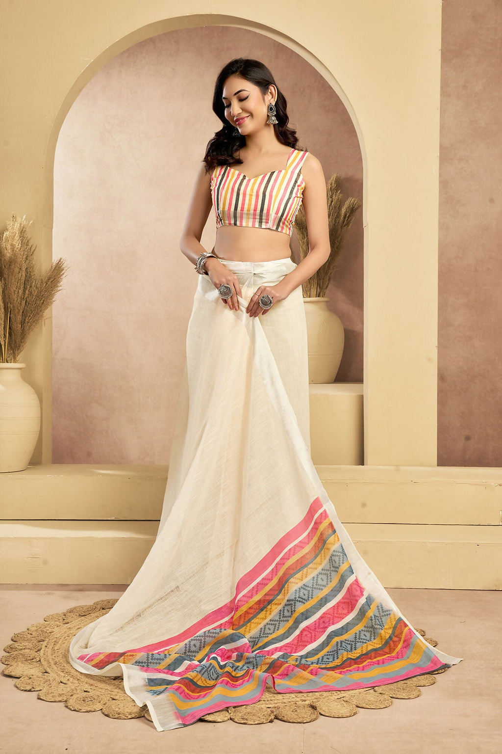 Vastranavya Off White Digital Printed Linen Ready To Wear Pocket Saree with Unstitched Blouse
