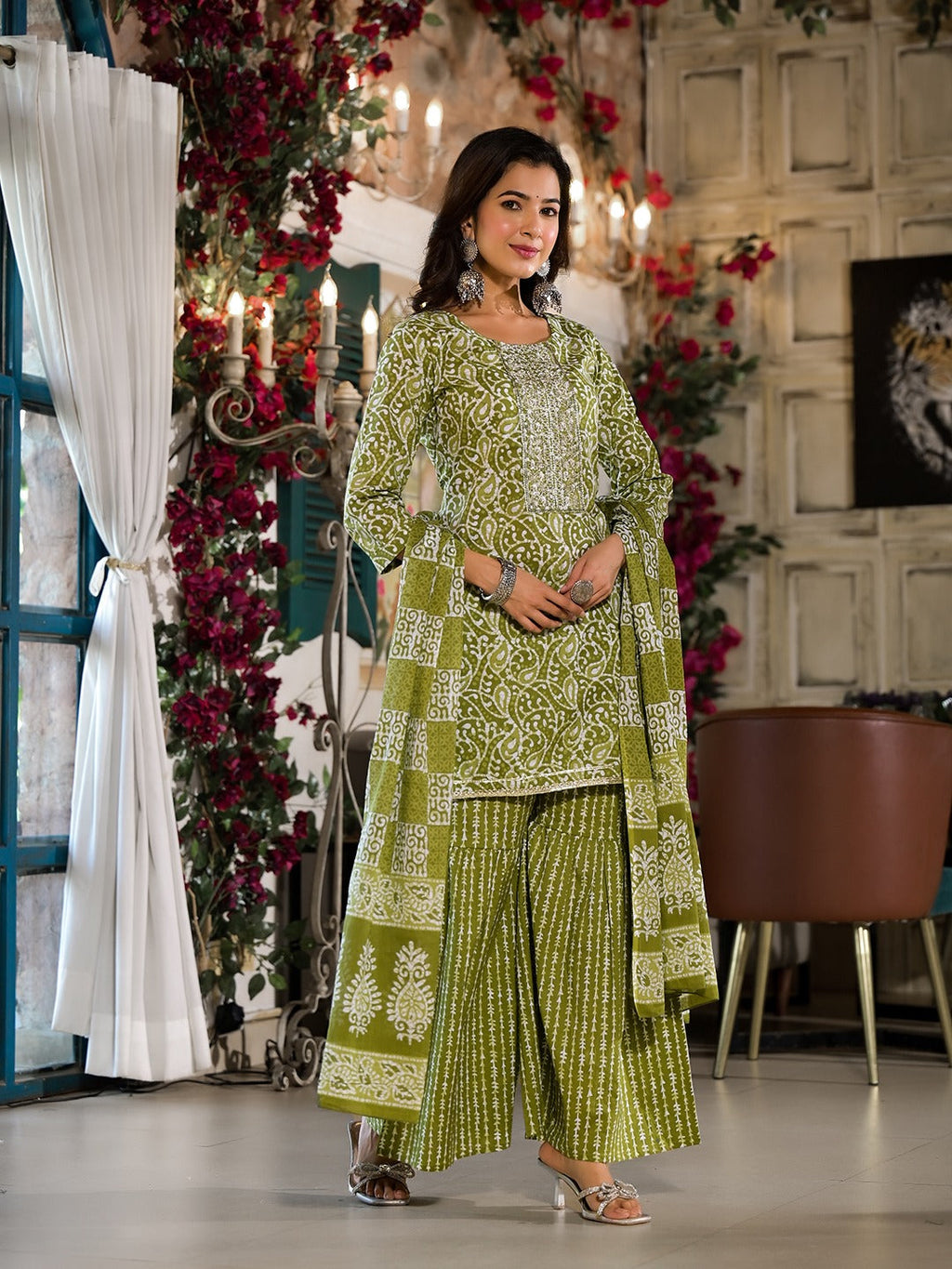 Yufta Olive Green Ethnic Motifs Zari_Work Kurta Sharara With Dupatta Set