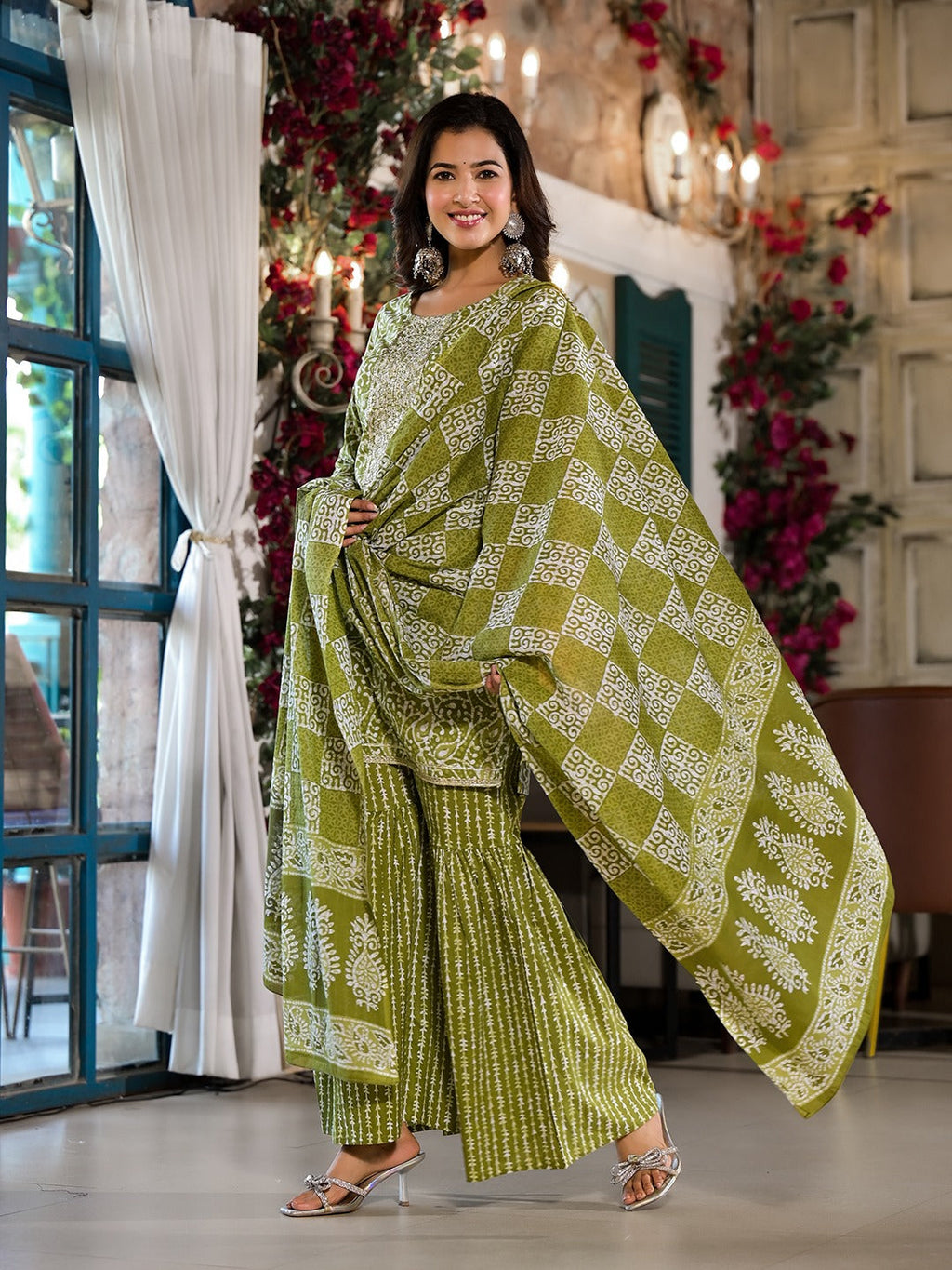 Yufta Olive Green Ethnic Motifs Zari_Work Kurta Sharara With Dupatta Set