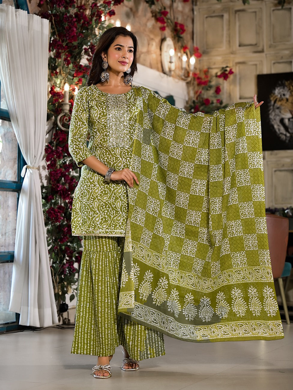 Yufta Olive Green Ethnic Motifs Zari_Work Kurta Sharara With Dupatta Set