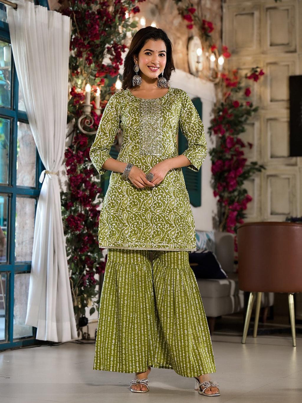 Yufta Olive Green Ethnic Motifs Zari_Work Kurta Sharara With Dupatta Set