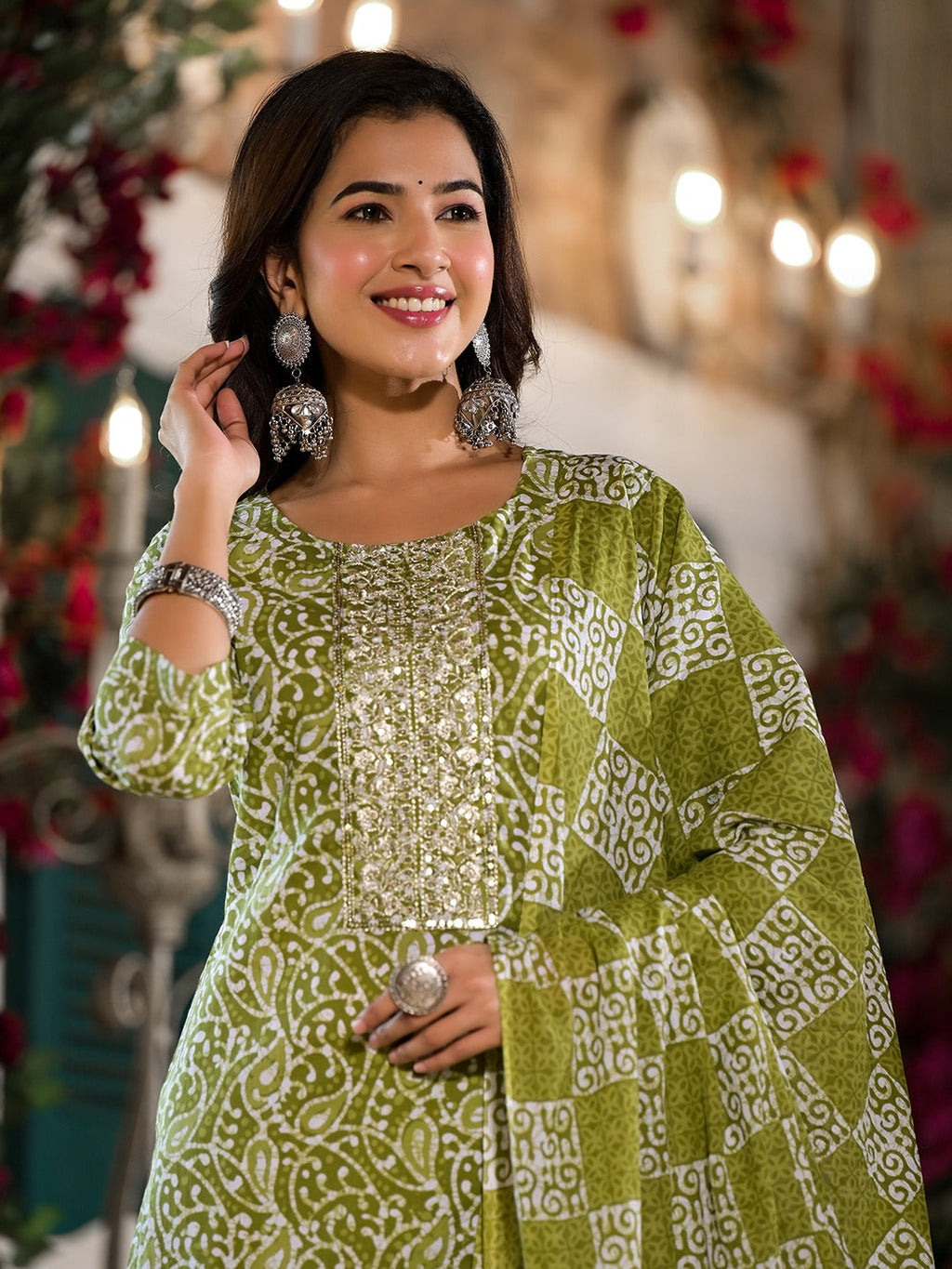 Yufta Olive Green Ethnic Motifs Zari_Work Kurta Sharara With Dupatta Set