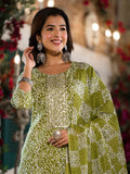 Yufta Olive Green Ethnic Motifs Zari_Work Kurta Sharara With Dupatta Set
