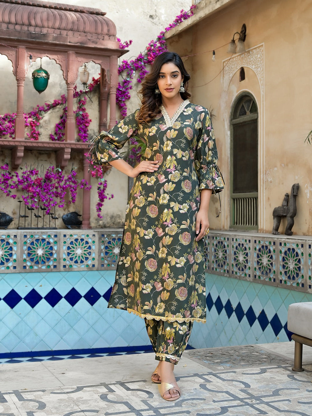 Yufta Olive Green Floral Print Straight Kurta Trouser Set