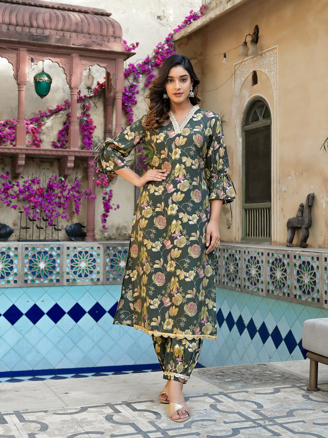 Yufta Olive Green Floral Print Straight Kurta Trouser Set
