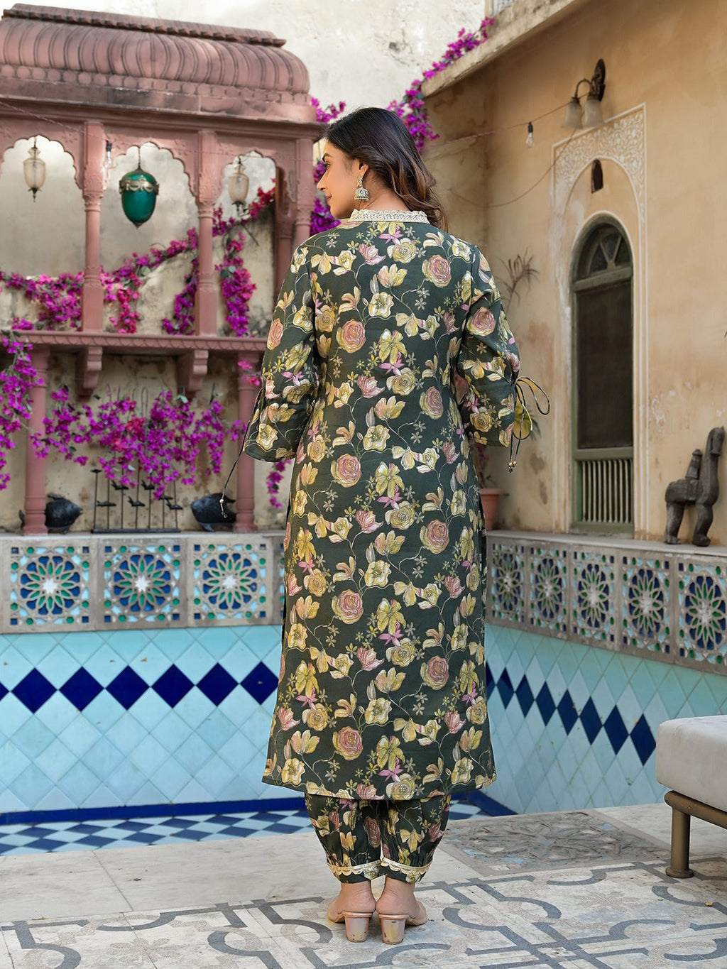 Yufta Olive Green Floral Print Straight Kurta Trouser Set