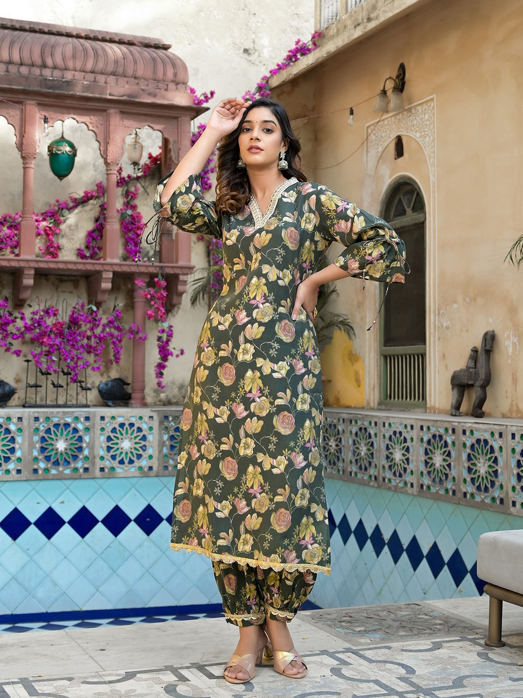 Yufta Olive Green Floral Print Straight Kurta Trouser Set