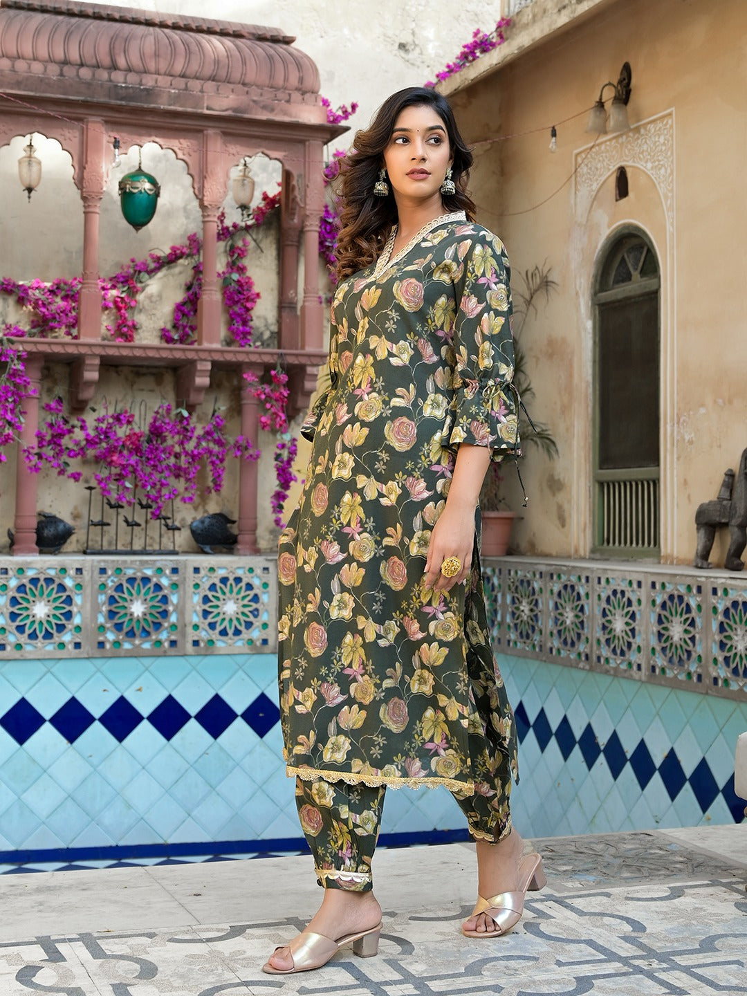 Yufta Olive Green Floral Print Straight Kurta Trouser Set