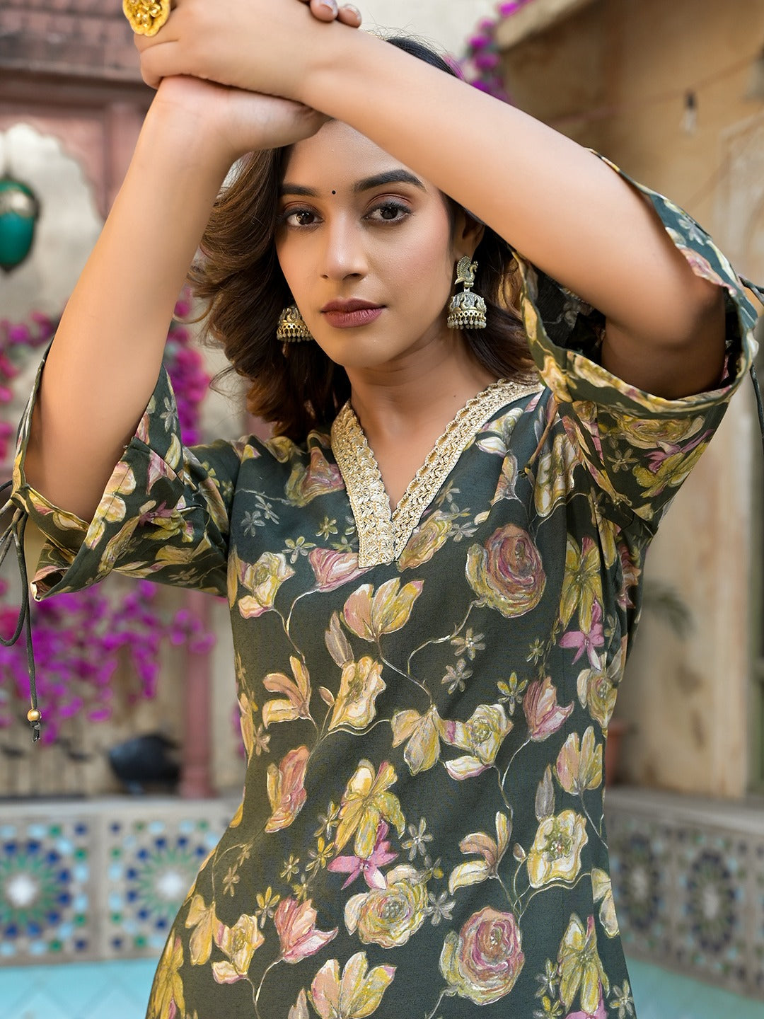Yufta Olive Green Floral Print Straight Kurta Trouser Set