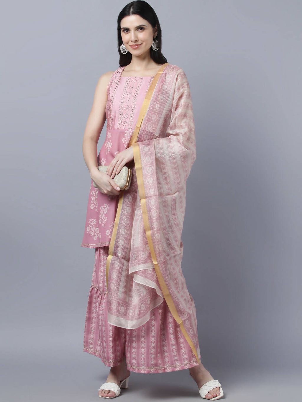 Myshka Women Peach-Coloured White Floral Printed Kurta with Sharara With Dupatta Set
