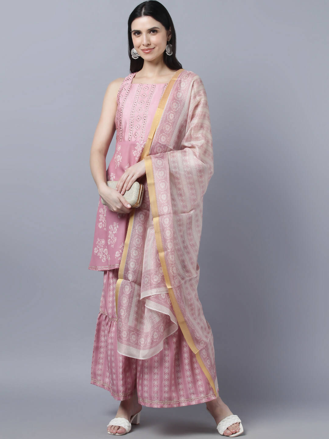 Myshka Women Peach-Coloured White Floral Printed Kurta with Sharara With Dupatta Set