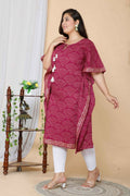 Miravan Women's Plus Size Magenta Bandhani Printed Cotton Kaftan Kurta
