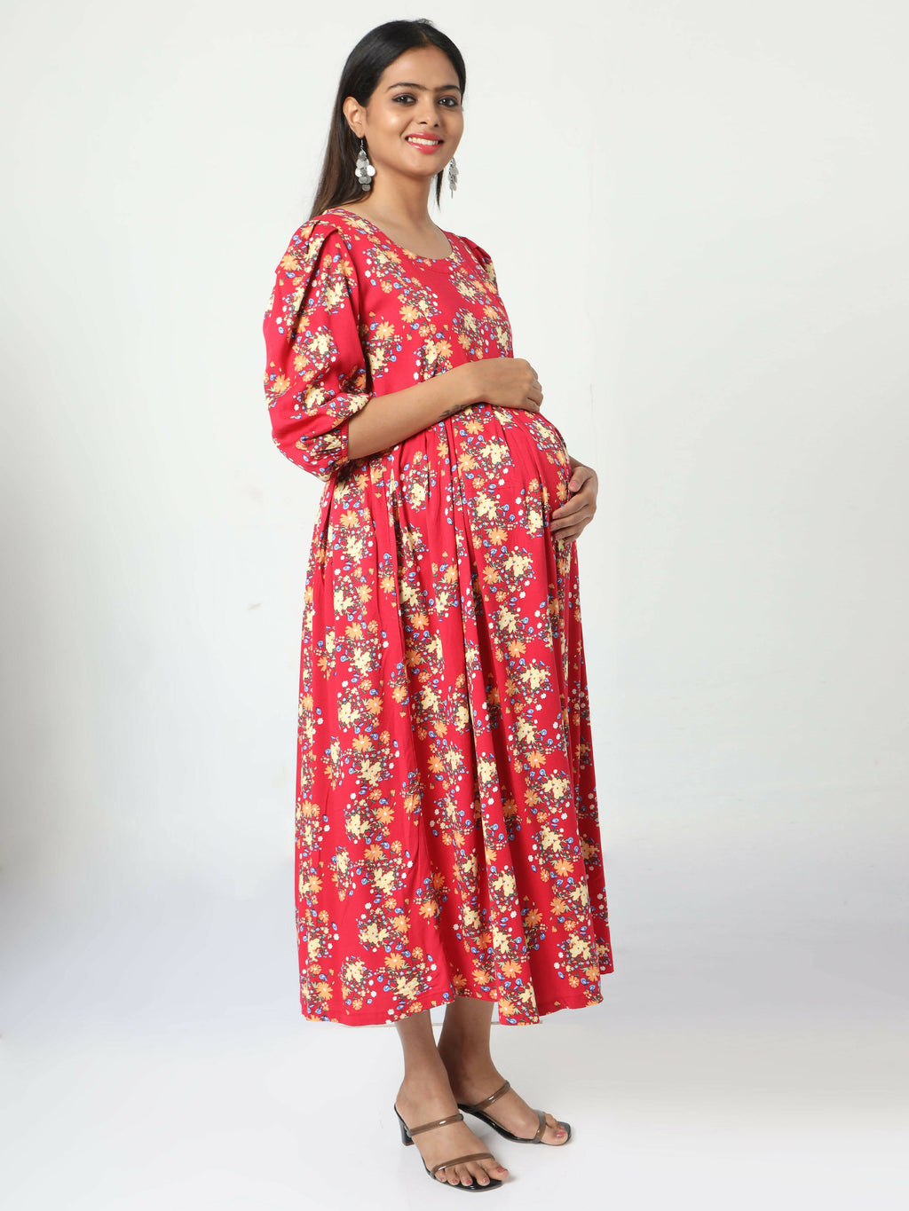 Manet Three Fourth Maternity Dress Floral Print With Concealed Zipper Nursing Access - Red