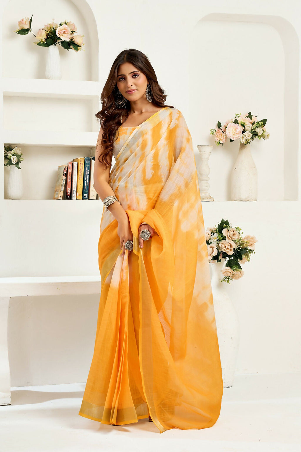 Vastranavya Yellow White Digital Printed Linen Ready To Wear Designer Saree with Unstitched Blouse