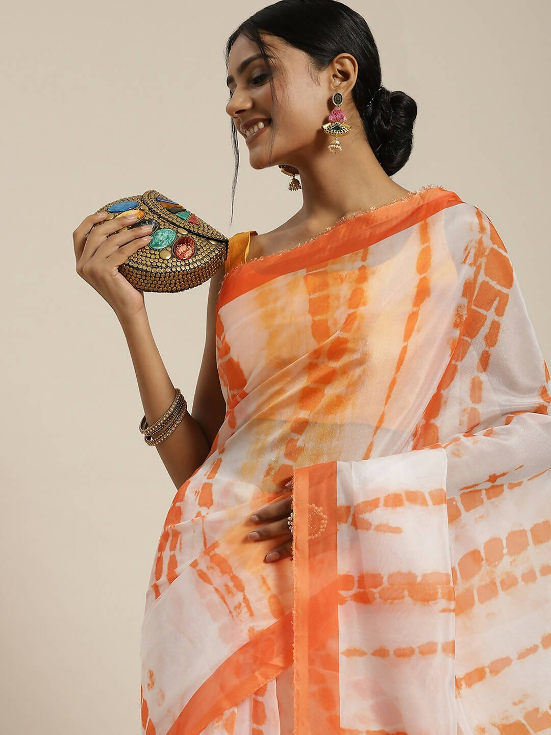 Orange Organza Printed Saree With Blouse Piece - Nivaa