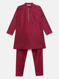 Ahalyaa Boys Wine Poly Silk Gold Printed Kids Kurta Churidar Set