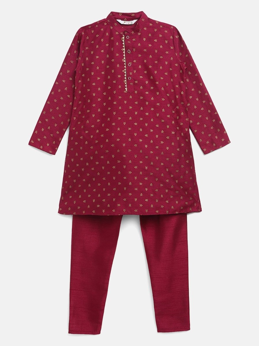 Ahalyaa Boys Wine Poly Silk Gold Printed Kids Kurta Churidar Set