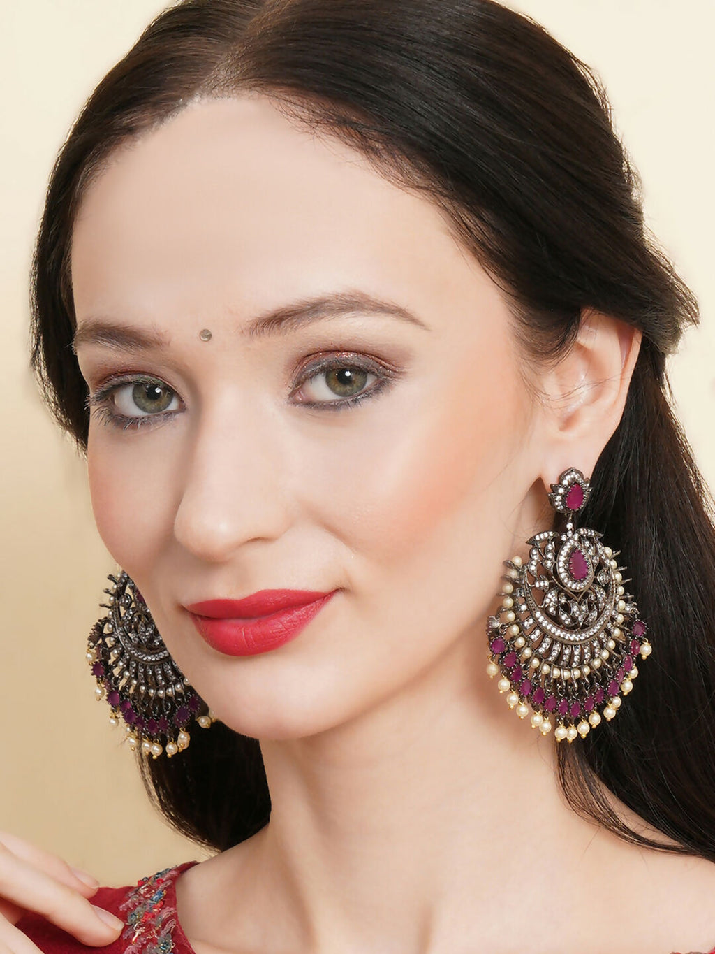 Maroon Silver Plated Earrings- Ruby Raang