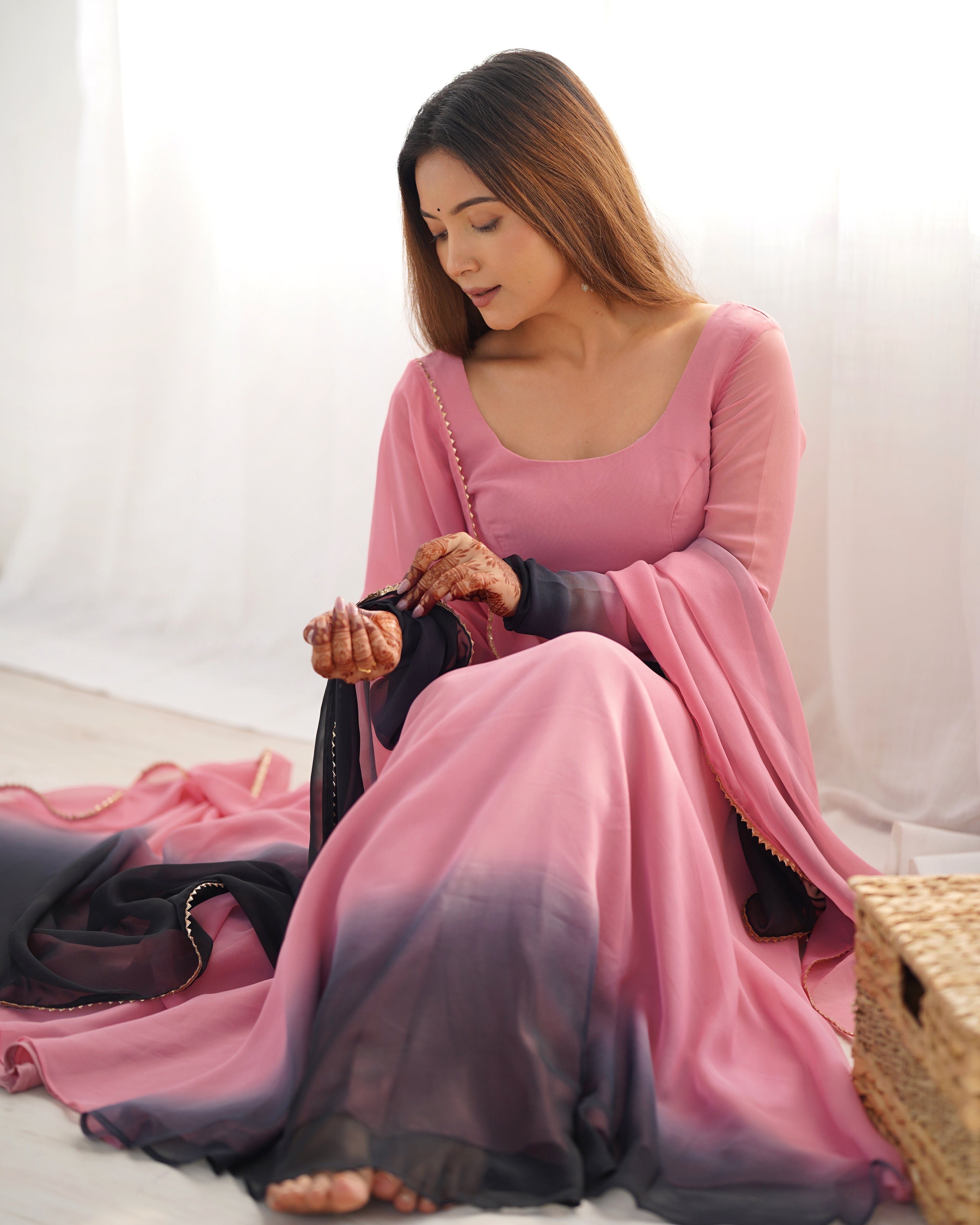 Lorenvalley Women Pure Soft Faux Georgette Colorful Padding Anarkali Kurta Pant With Dupatta Set - Onionpink