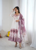 Lorenvalley Fashion Soft Organza Silk Front On Fancy Badla Jari Work Flower Position Print Outing Work Anarkali Kurta Pant With Dupatta Set