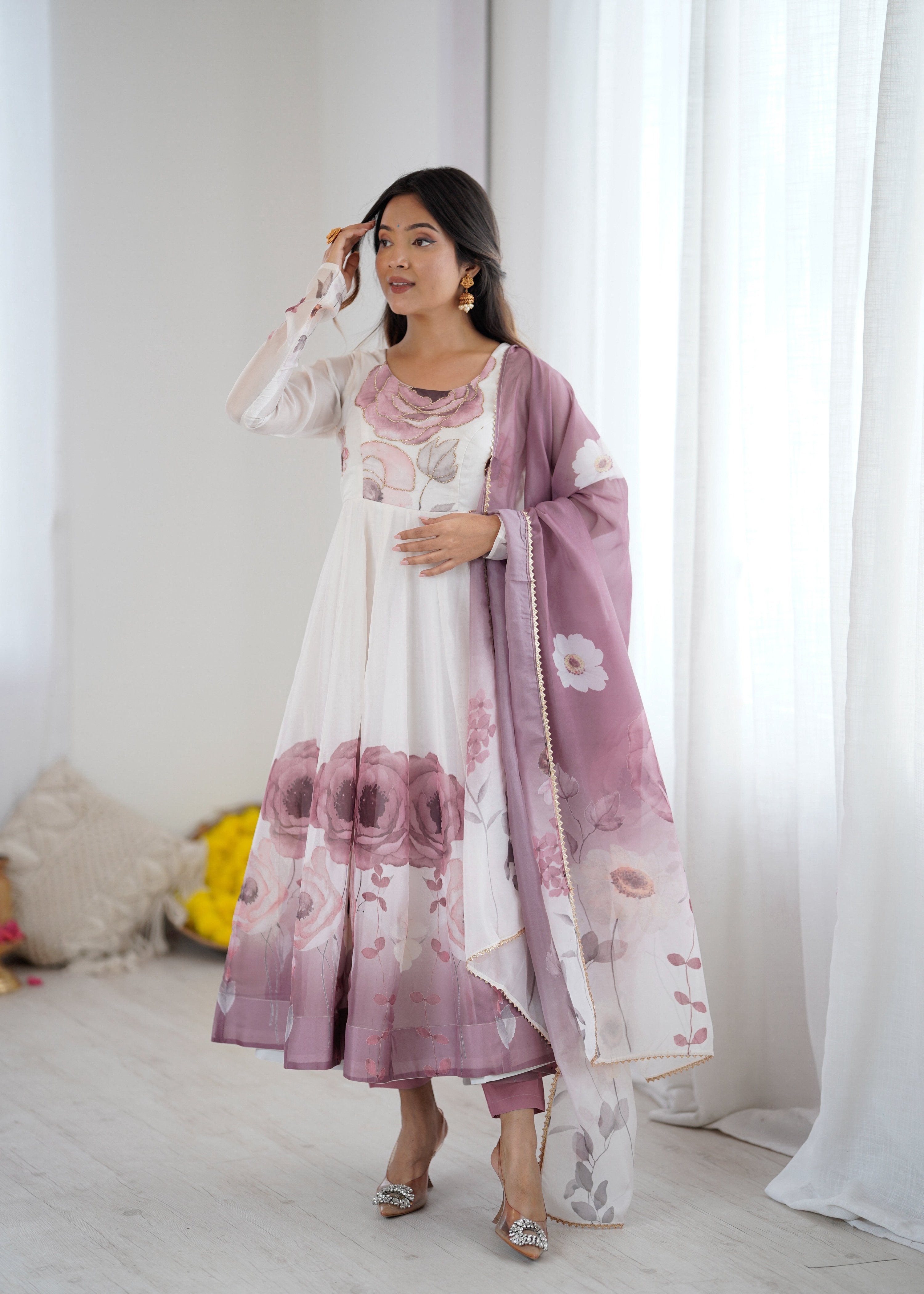 Lorenvalley Fashion Soft Organza Silk Front On Fancy Badla Jari Work Flower Position Print Outing Work Anarkali Kurta Pant With Dupatta Set