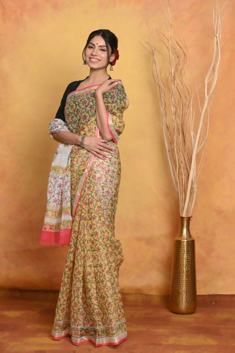 Very Much Indian Pure Kota Cotton Handblock Printed Saree - Yellow