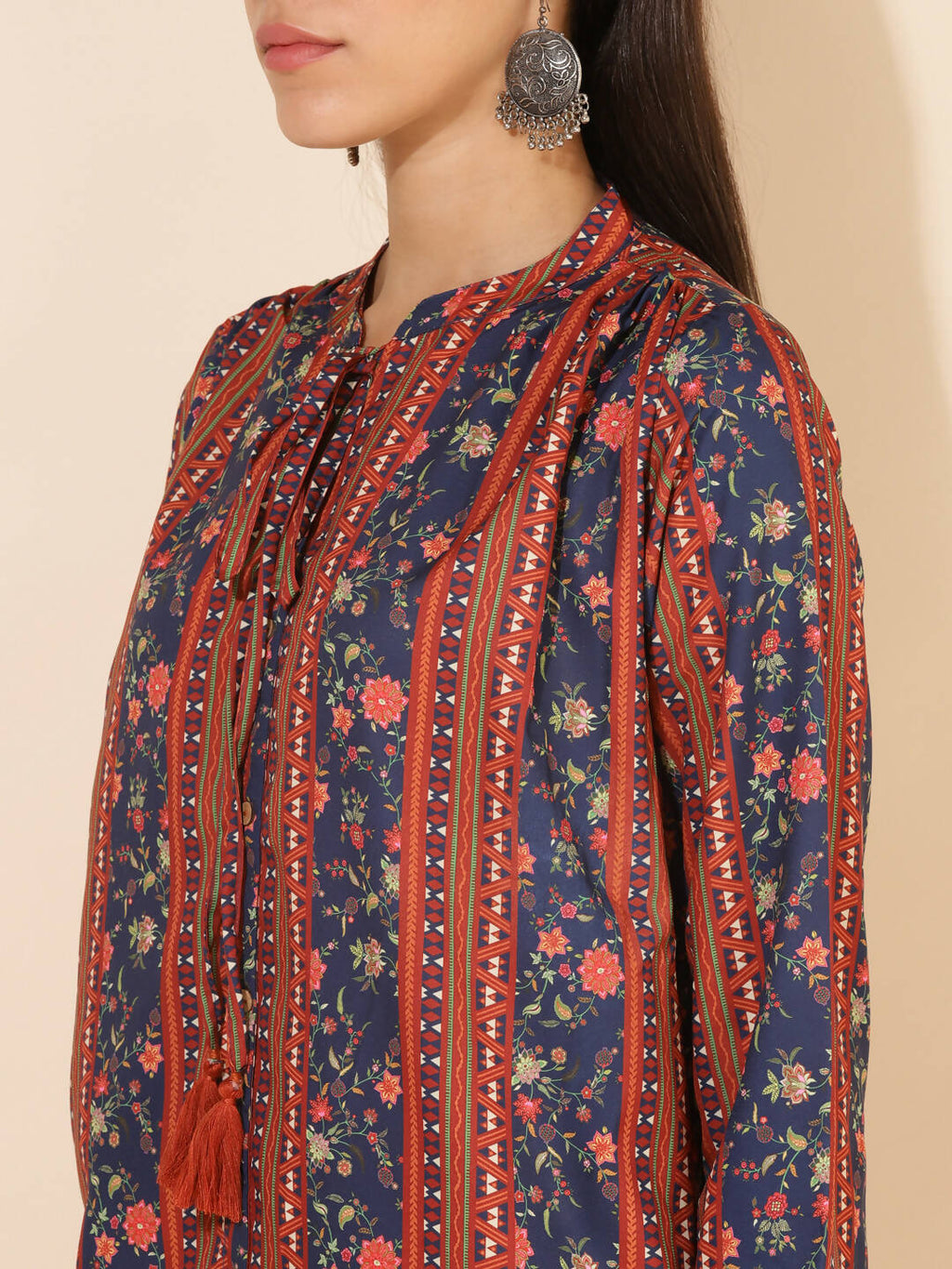 Janasya Women's Blue Crepe Digital Floral Printed Festive A-line Co-ords