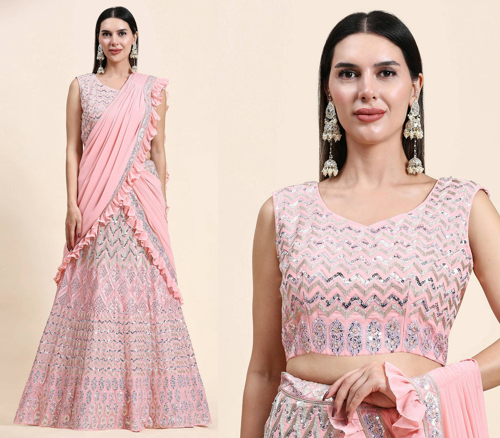 Pink Pure Viscose Georgette Thread With Sequins Embroidery Work Lehenga Choli With Dupatta - Tanya