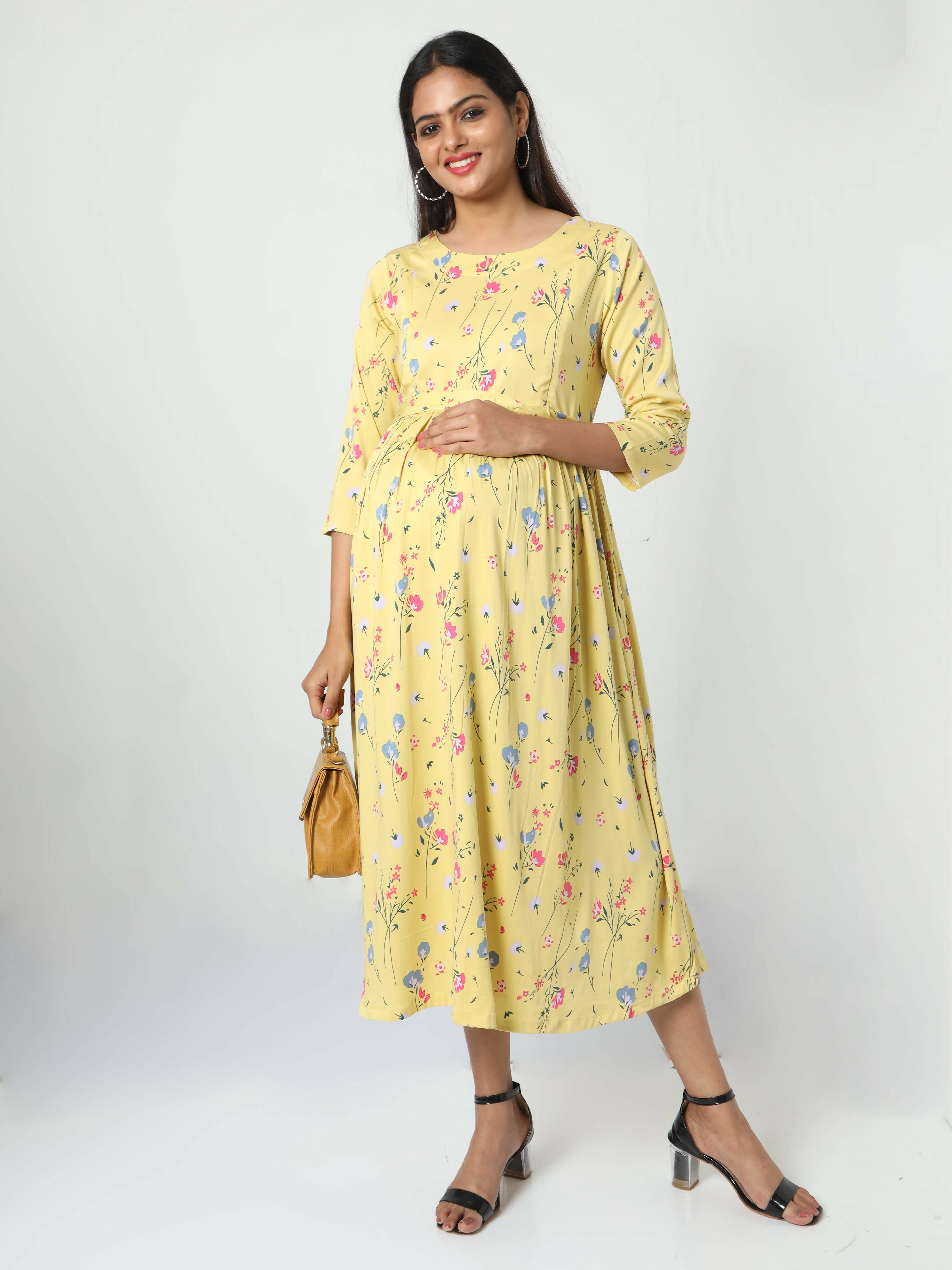 Manet Three Fourth Maternity Dress Floral Print With Concealed Zipper Nursing Access - Yellow
