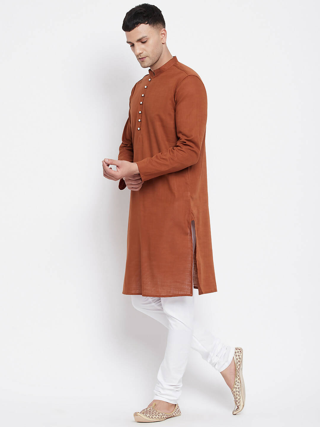 Even Apparels Brown Color Pure Cotton Men's Kurta With Band Collar