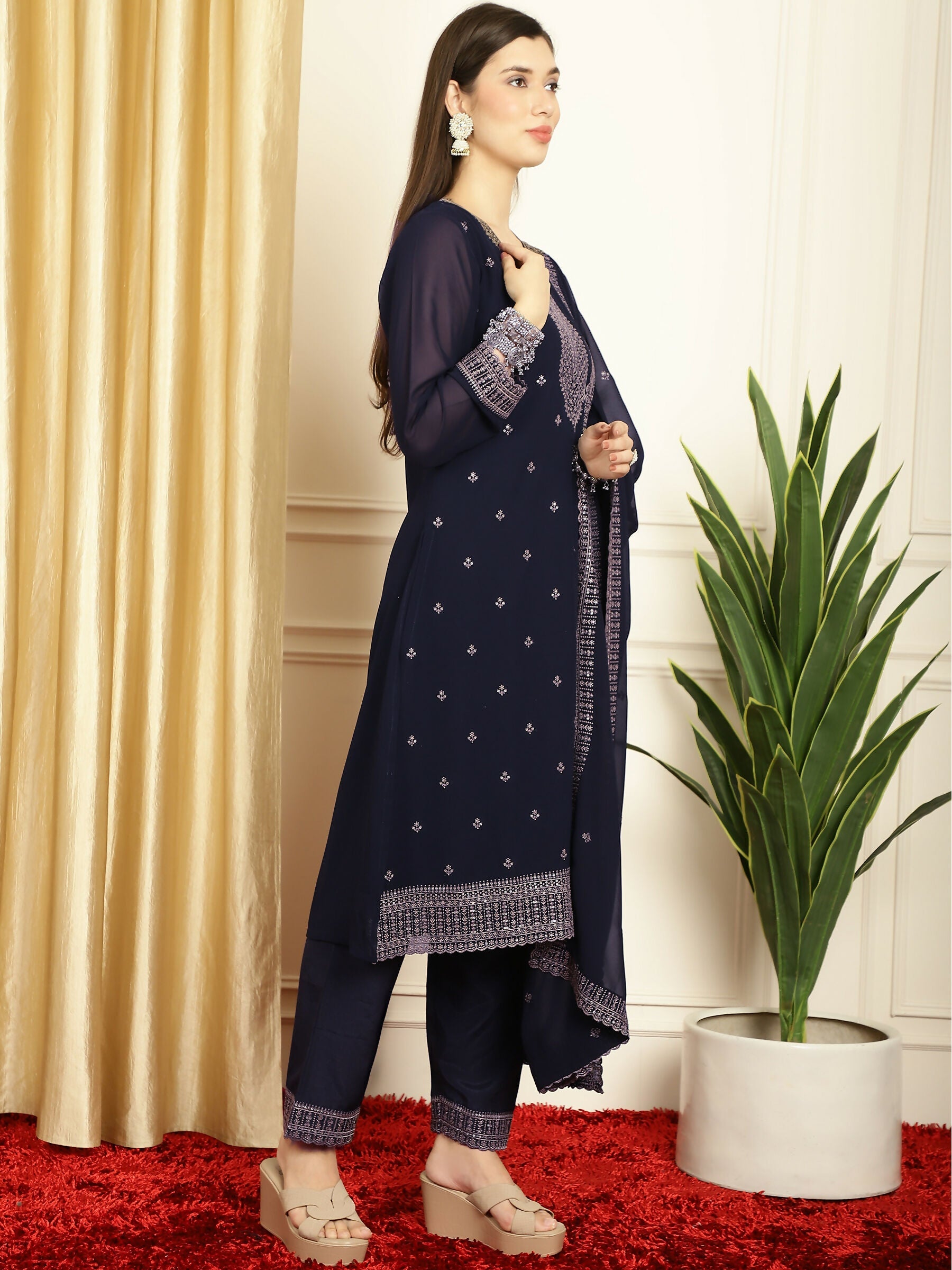 Jyoti Fashion Women's Navy Blue Georgette Resham Thread & Sequin Kurta with Trouser & Dupatta