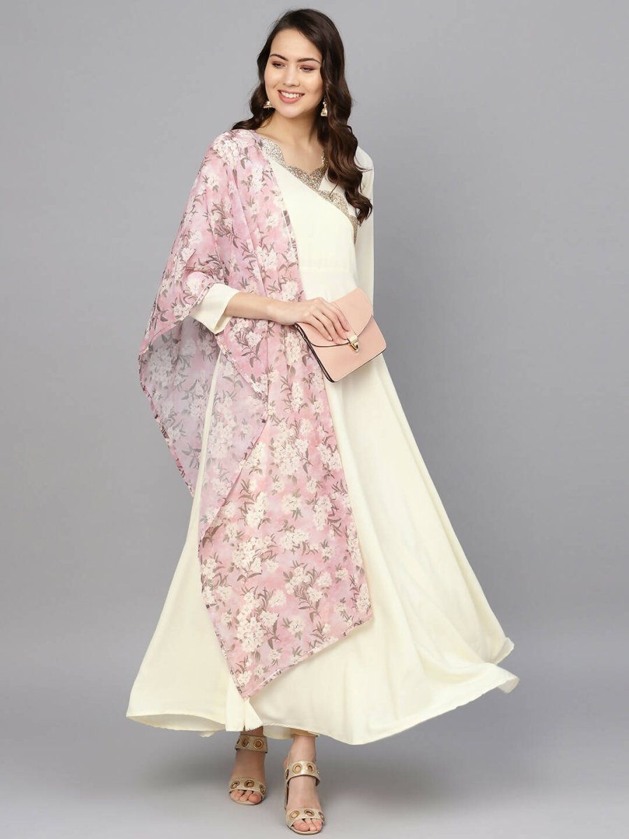 Ahalyaa Women's Cream Crepe kurta With Printed Dupatta Set