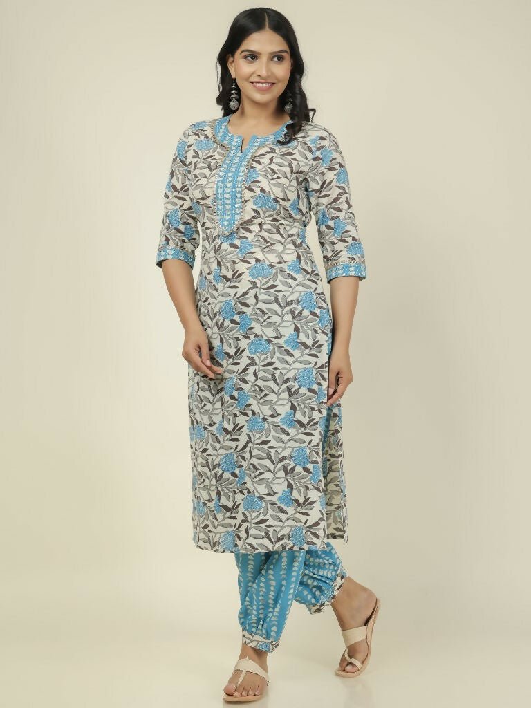 Aramya Straight Soft Cotton Floral Print Women's Kurta - Off White