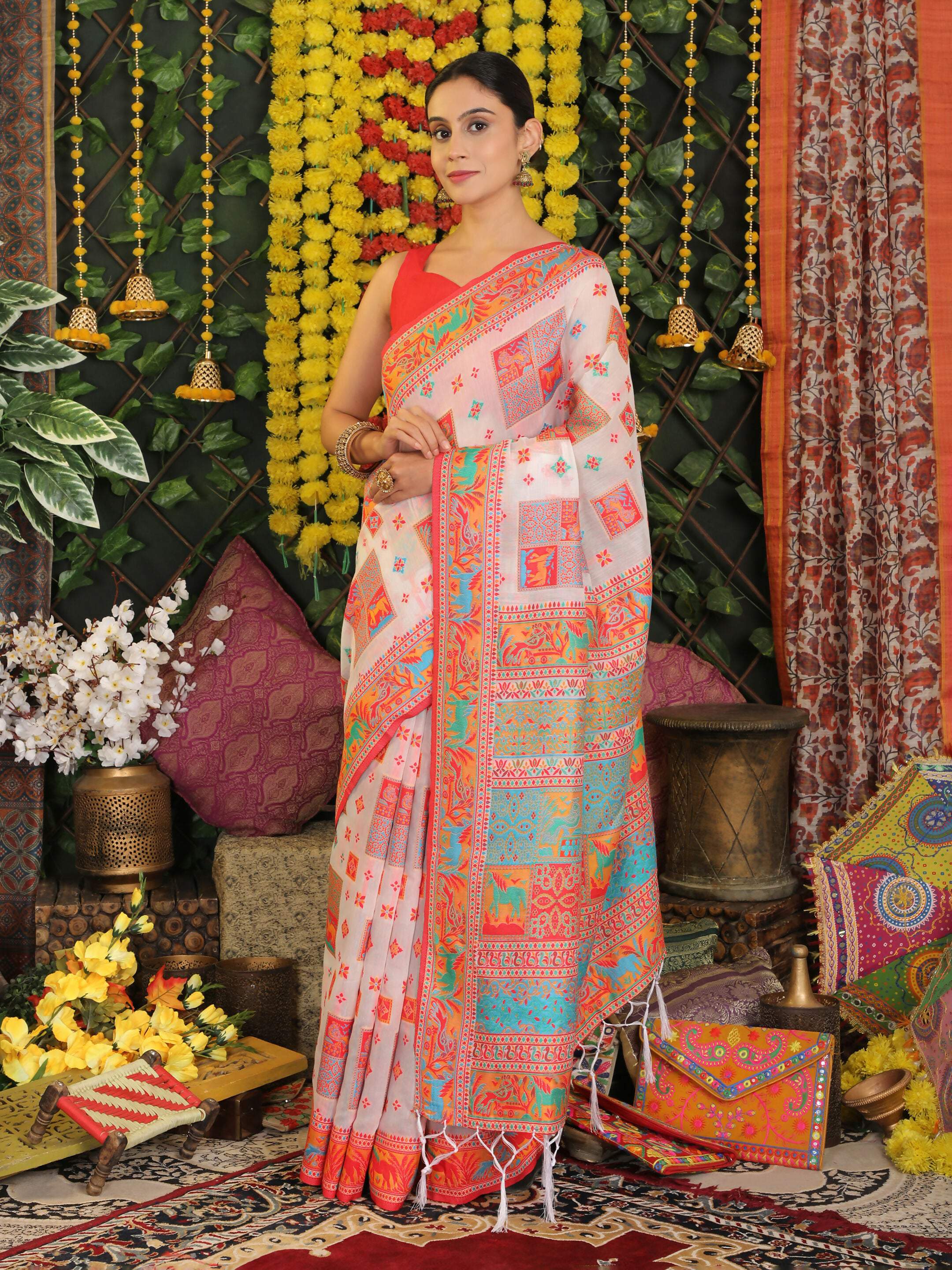 Shree Shyam Fashion Linen Cotton White Saree