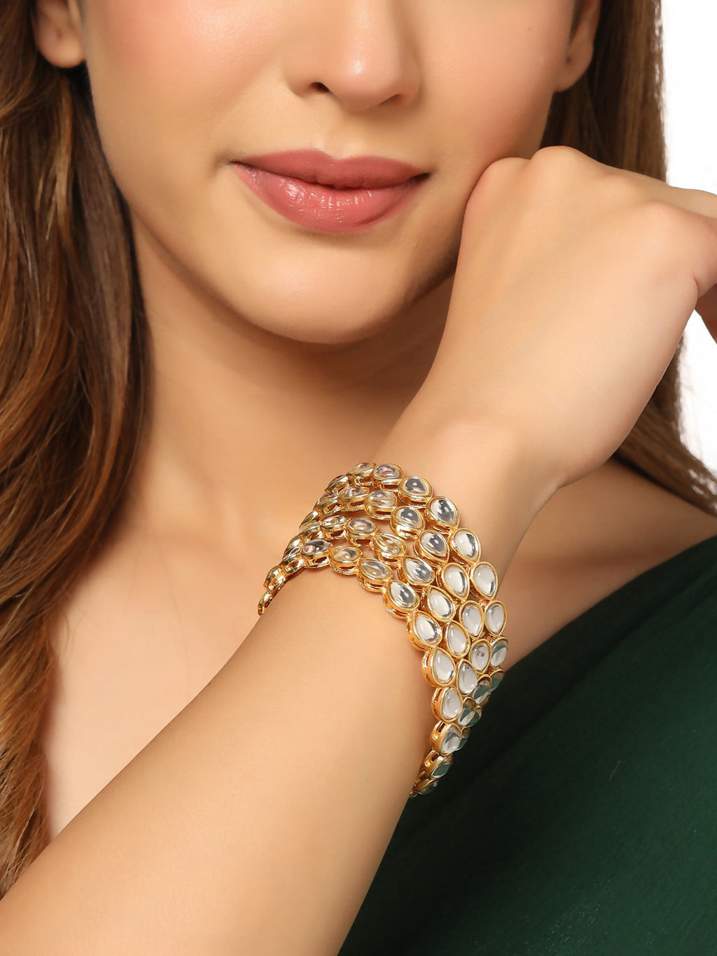 NVR Women's Set of 4 Gold-Polished Kundan Studded Traditional Bangles