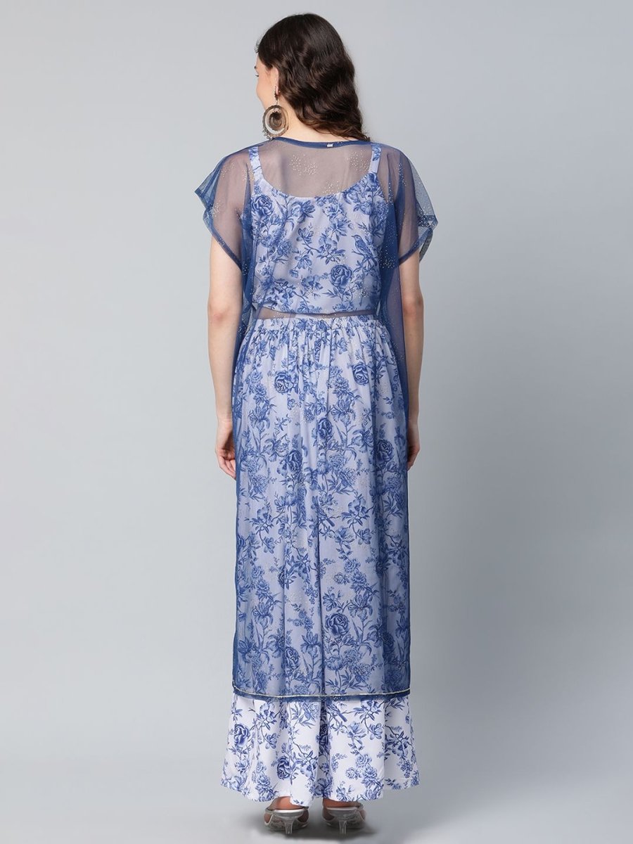 Ahalyaa Women Blue Crepe Printed Top with Skirt with Net Overlay